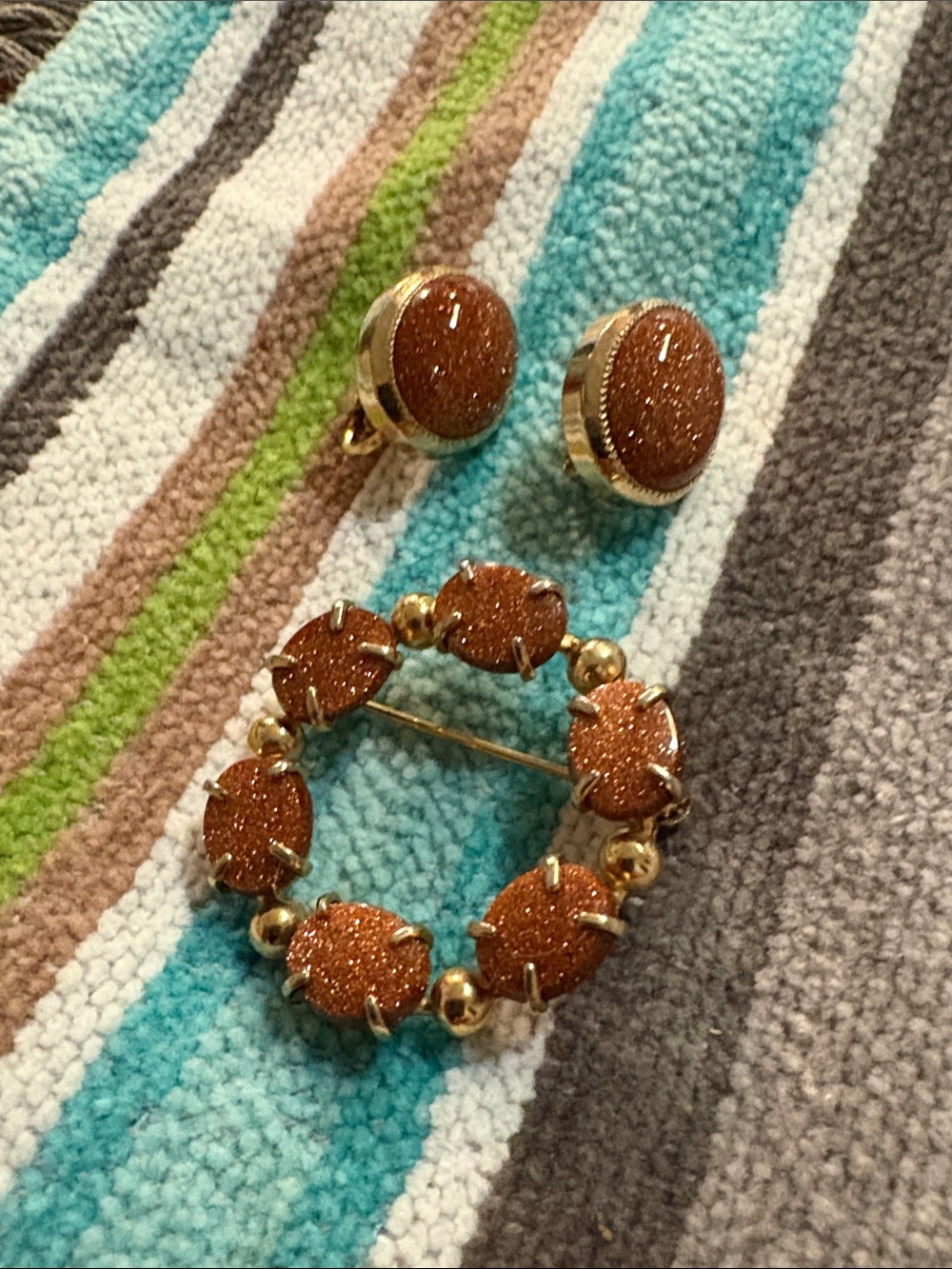 Vintage Gold Tone Goldstone Brooch and Clip-On Earrings Set